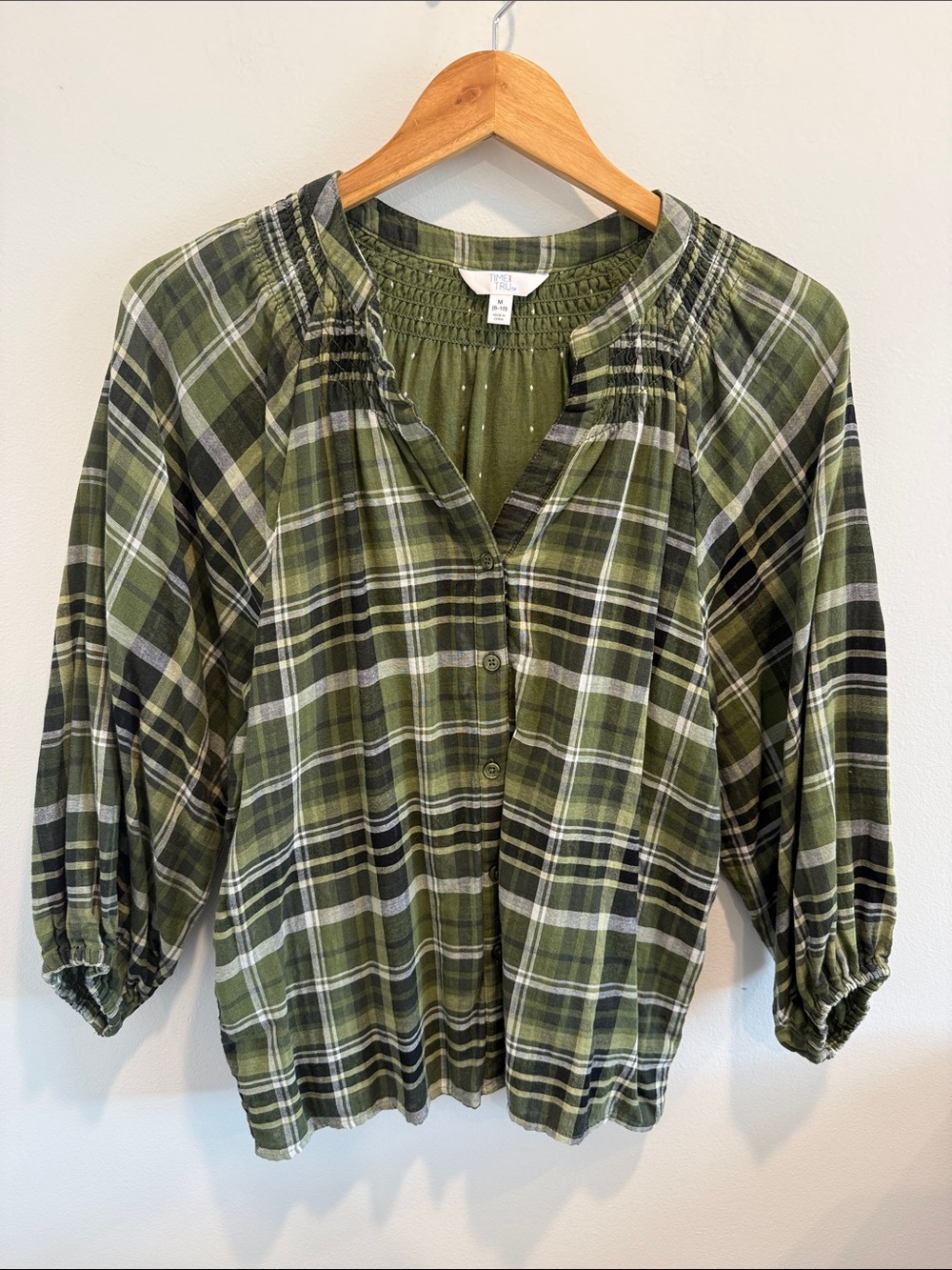 Time and Tru Olive Green Plaid Button-Down Blouse Puff Sleeve Medium 8-10